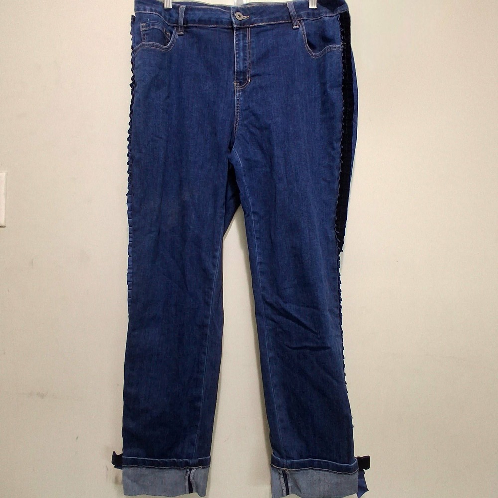 Charlie B Blue Ruffle Side Trim Velvet Bow Cuff Jeans Size 14 C5123RR-431A